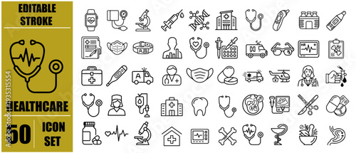 Healthcare icon set. Containing medicine, hospital, doctor, nurse, ambulance, medical, treatment, pills, mental care and more. Editable line icons. Vector illustration.