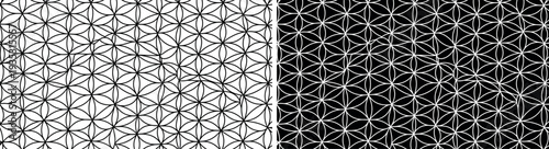 Sacred geometry flower of life seamless pattern vector featuring overlapping black and white circles and abstract spiritual mandala grids for yoga studio backgrounds mystical designs and textile print