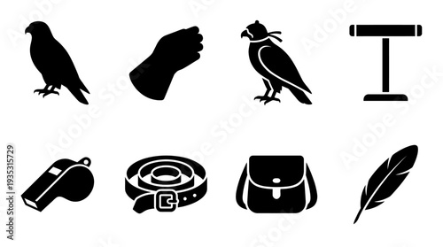 Falconry Icon Set – Silhouette Illustrations Featuring Falcon, Glove, Hooded Bird, Perch, Whistle, Strap, Satchel, and Feather for Traditional Hunting and Training Designs