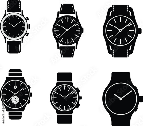Wristwatch silhouette icon set featuring classic analog watches luxury timepieces modern designs chronograph styles vector illustration isolated collection