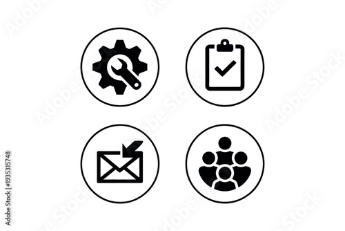 Set of four black and white icons for notification settings checklist and people on transparent background
