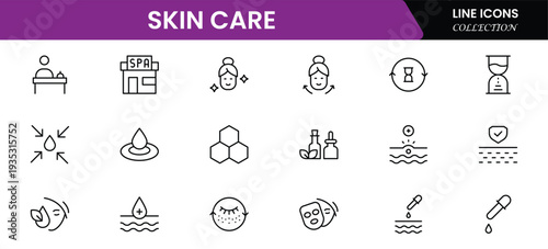 Skin care line icons set. Moisture cream, acid, anti wrinkle serum, creamed, collagen. Pixel perfect, minimalistic web and UI icon.Thin line icon collection. Vector illustration.