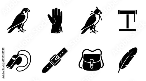 Falconry Icon Set – Silhouette Illustrations Featuring Falcon, Glove, Hooded Bird, Perch, Whistle, Strap, Satchel, and Feather for Traditional Hunting and Training Designs