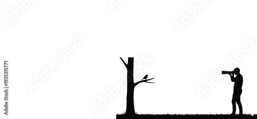 Photographer Silhouette Capturing Bird on Tree Branch, Wildlife Photography Scene with Camera and Nature Background Illustration