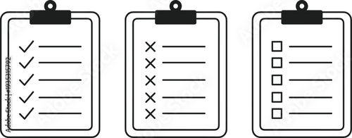 Checklist clipboard icons set, task list with check marks cross and empty boxes vector illustration