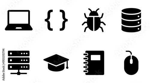 Computer Science Icon Set – Coding and Education Illustrations Featuring Laptop, Braces, Bug, Database, Server, Graduation Cap, Notebook, and Mouse for Tech Designs