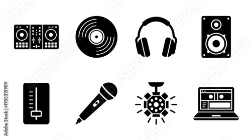 Music Production Icon Set – DJ and Audio Illustrations Featuring Mixer, Vinyl, Headphones, Speaker, Fader, Microphone, Disco Ball, and Laptop for Event and Studio Designs