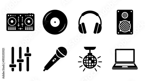 Music Production Icon Set – DJ and Audio Illustrations Featuring Mixer, Vinyl, Headphones, Speaker, Fader, Microphone, Disco Ball, and Laptop for Event and Studio Designs