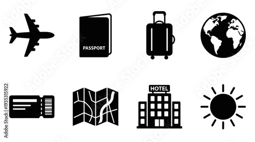 Travel Icon Set – Tourism Illustrations Featuring Airplane, Passport, Suitcase, Globe, Ticket, Map Pin, Hotel, and Sun for Vacation, Trip Planning, and Adventure Designs