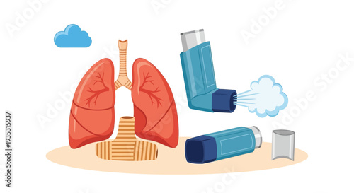 Asthma inhaler illustration showing lungs and respiratory system with medication release