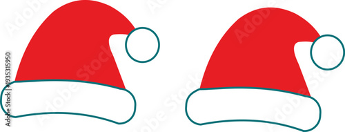 Two red christmas santa hats with white trim and pom poms