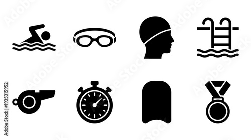 Swimming Icon Set – Sports Illustrations Featuring Swimmer, Goggles, Swim Cap, Pool, Whistle, Stopwatch, Kickboard, and Medal for Training, Coaching, and Aquatic Designs