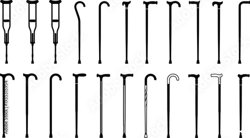 Black and white of various walking canes and crutches mobility aids assistive devices