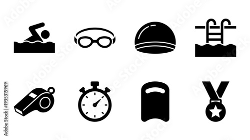 Swimming Icon Set – Sports Illustrations Featuring Swimmer, Goggles, Swim Cap, Pool, Whistle, Stopwatch, Kickboard, and Medal for Training, Coaching, and Aquatic Designs