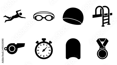Swimming Icon Set – Sports Illustrations Featuring Swimmer, Goggles, Swim Cap, Pool, Whistle, Stopwatch, Kickboard, and Medal for Training, Coaching, and Aquatic Designs