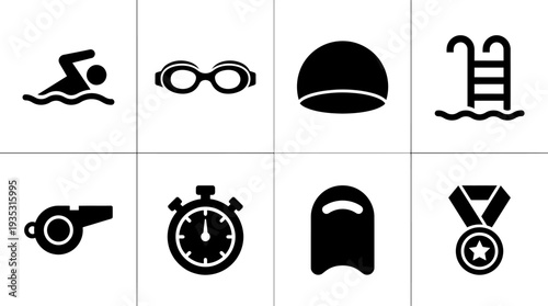 Swimming Icon Set – Sports Illustrations Featuring Swimmer, Goggles, Swim Cap, Pool, Whistle, Stopwatch, Kickboard, and Medal for Training, Coaching, and Aquatic Designs