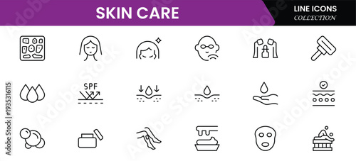 Skin care line icons set. Moisture cream, acid, anti wrinkle serum, creamed, collagen. Pixel perfect, minimalistic web and UI icon.Thin line icon collection. Vector illustration.