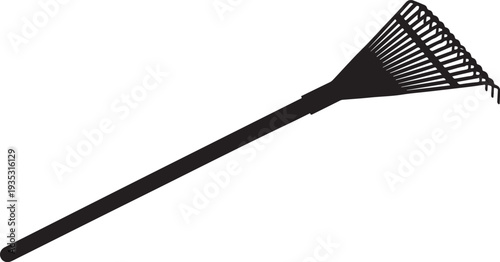 Black garden rake with long handle and metal tines tool