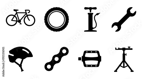 Cycling Icon Set – Bicycle and Maintenance Illustrations Featuring Bike, Tire, Pump, Wrench, Helmet, Chain Link, Pedal, and Repair Stand for Cycling Designs