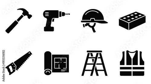 Construction Icon Set – Building and Safety Illustrations Featuring Hammer, Drill, Hard Hat, Brick, Saw, Blueprint, Ladder, and Safety Vest for Construction and Contractor Designs