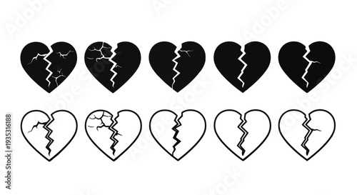 Broken heart illustrations in various designs and styles for emotional expression and graphic use