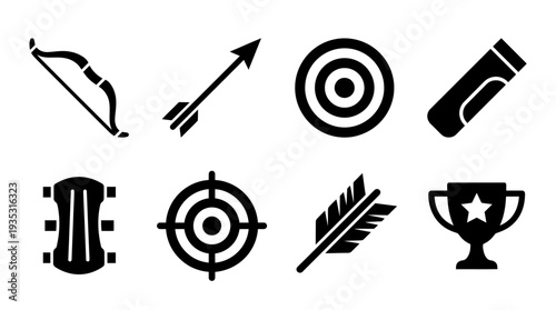 Archery Icon Set – Sports Illustrations Featuring Bow, Arrow, Target, Quiver, Arm Guard, Crosshair, Feather, and Trophy for Archery Training and Competition Designs