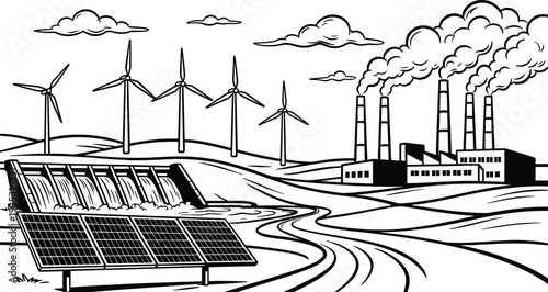 Black and white line art illustration of renewable energy sources including solar panels wind turbines and hydroelectric dam contrasting with a coal power plant