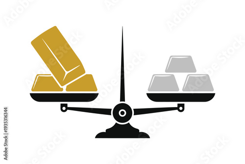 Gold silver balance scale concept, realistic bullion bars on equal weighing scale representing value comparison