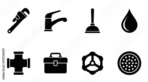 Plumbing Icon Set – Repair and Maintenance Illustrations Featuring Pipe Wrench, Faucet, Plunger, Water Droplet, Pipe Fitting, Toolbox, Valve Wheel, and Drain Cover