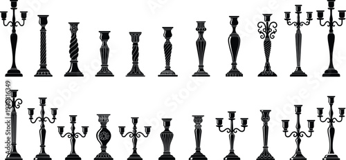 Black silhouettes of various candlesticks and candelabras decorative
