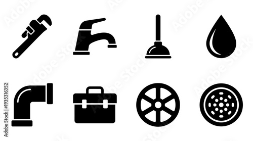 Plumbing Icon Set – Repair and Maintenance Illustrations Featuring Pipe Wrench, Faucet, Plunger, Water Droplet, Pipe Fitting, Toolbox, Valve Wheel, and Drain Cover