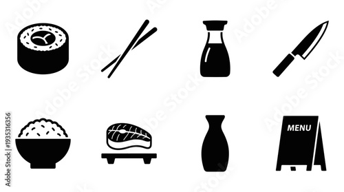 Japanese Food Icon Set – Sushi and Cuisine Illustrations Featuring Sushi Roll, Chopsticks, Soy Sauce Bottle, Knife, Rice Bowl, Sushi Board, Sake Bottle, and Menu