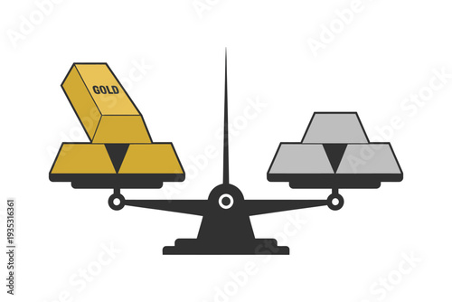 Gold silver balance scale concept, realistic bullion bars on equal weighing scale representing value comparison