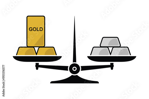 Gold silver balance scale concept, realistic bullion bars on equal weighing scale representing value comparison