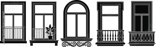 Classic balcony window and door silhouettes set, vintage architectural facade elements vector illustration isolated on white background