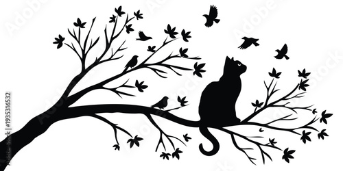 Black silhouette of a cat sitting on a tree branch with birds flying around