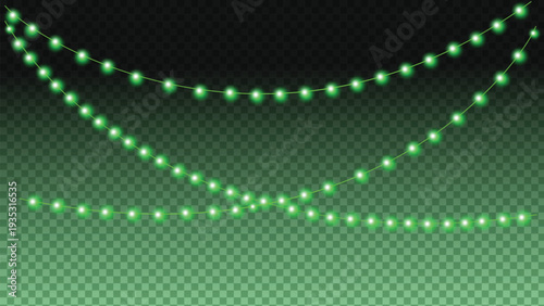 Glowing Green String Lights Garland Set on Dark Transparent Background, Christmas Green Fairy Light Decoration String Collection Vector, Festive Neon Green Glowing Light.