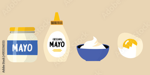Mayonnaise ingredients and condiment icons including jar bottle bowl and egg