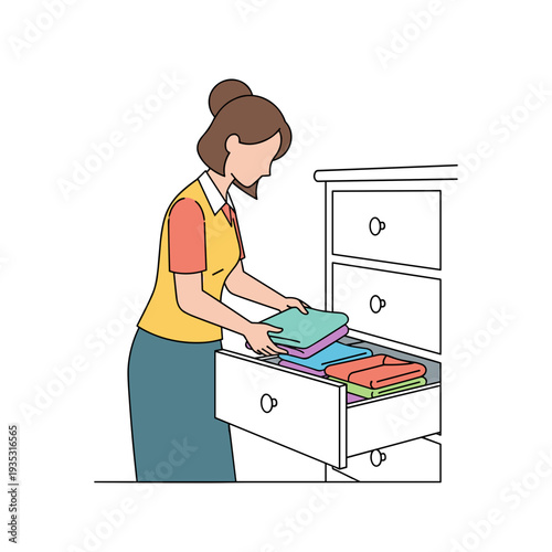 Woman organizing colorful clothes in a drawer at home  