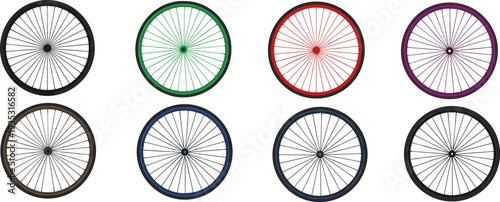 Bicycle wheel collection colorful rims with spokes vector illustration cycling equipment set isolated design for sports transportation and bike parts concepts
