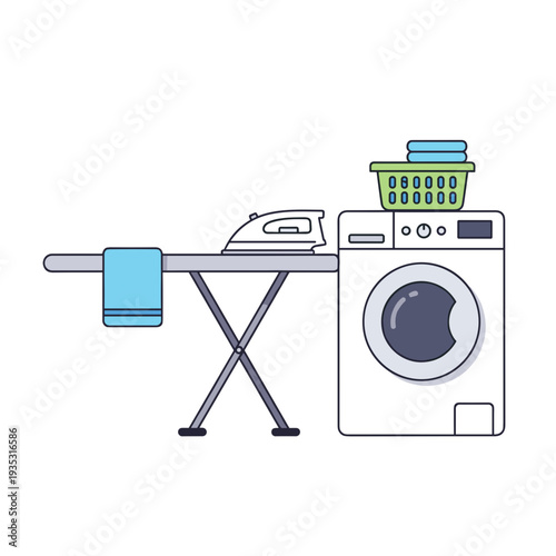 Ironing board with clothes basket and washing machine in laundry room  