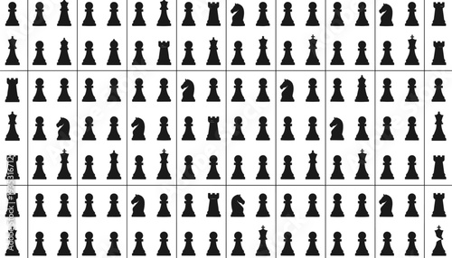 Black chess pieces on white background arranged in grid pattern