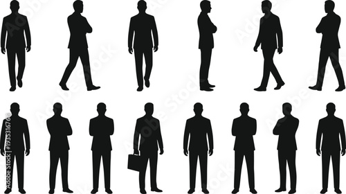 collection of businessman silhouettes standing walking and posing, professional male people in suit vector illustration isolated on white background