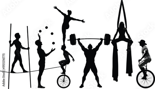 Black Silhouette Circus Performers Set With Juggler Acrobat Tightrope Walker Strongman Unicyclist And Aerial Silks Artists Isolated On White Background For Entertainment Design Concept