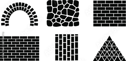 Brick stone wall patterns set arch masonry textures vector illustration construction materials collection black silhouettes for architecture design background and building elements