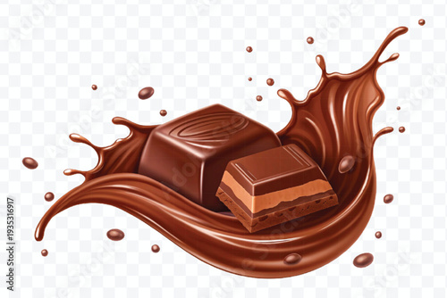 abstract 3d chocolate bars into liquid chocolate splash in different style isolated on transparent background
