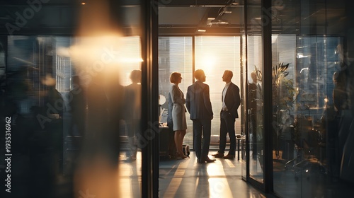 A group of business professionals standing in a modern office building with a stunning city view at sunset