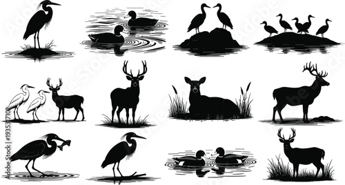 Black wildlife silhouette set featuring deer bucks with antlers herons catching fish and ducks on water ripples for nature conservation and outdoor hunting design