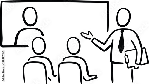 Business leader presenting to office employees and remote colleague on screen during a hybrid meeting video conference seminar and professional corporate workshop session