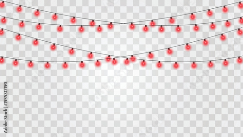 Glowing Red String Lights Garland Set on Transparent Background, Christmas Red Fairy Light Bulb Decoration String Collection Vector, Festive Neon Red Glowing Light Garland Set for Holiday.